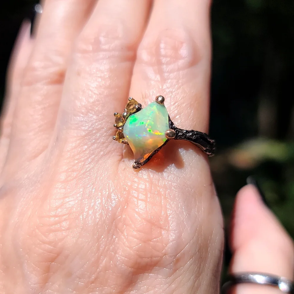 Raw Fire Opal & citrine Sterling & Rhodium ring sz 8.5 - Picture 7 of 8